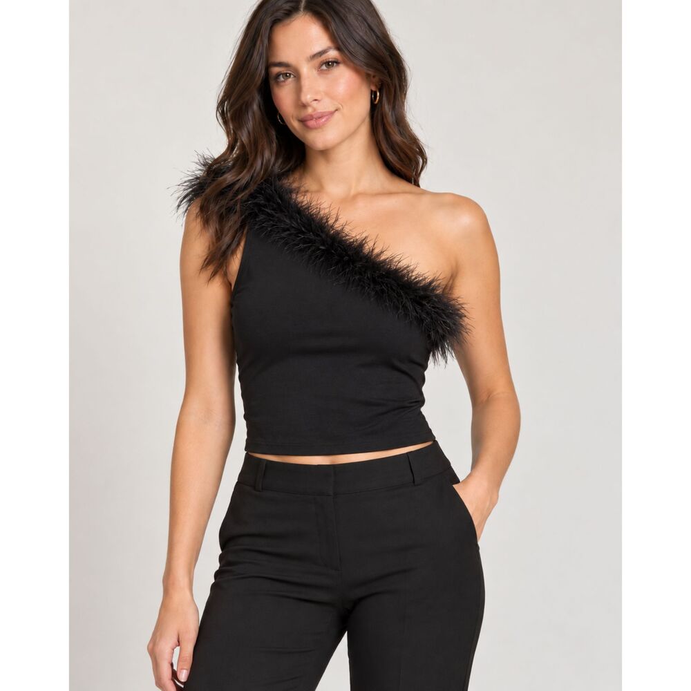 Mango Black Feather Trim Sleeveless Top Size M Party Evening Statement